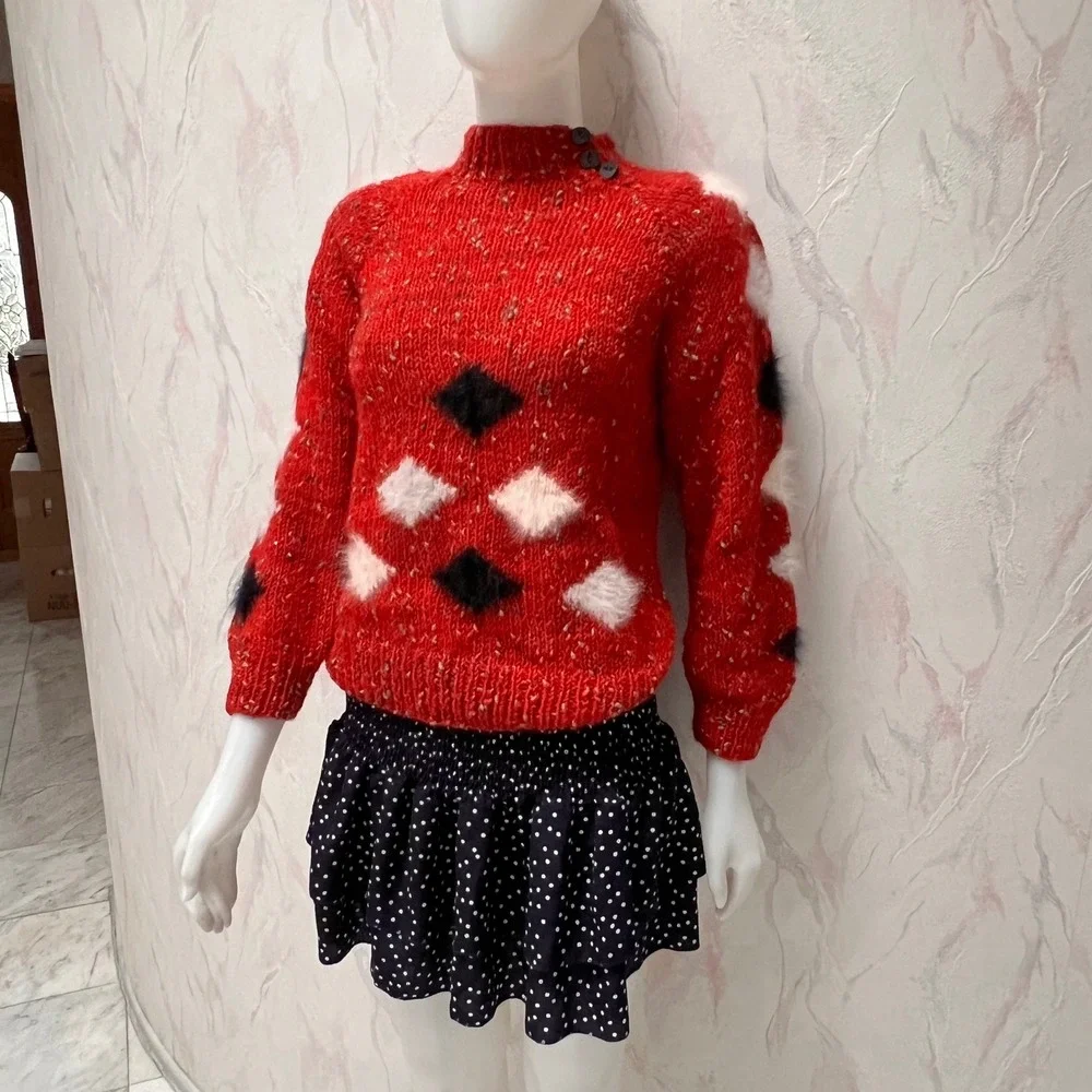 Handknitted Red Chunky Argyle Sweater Mock Neck Grannycore Cabin‎ Preppy Small